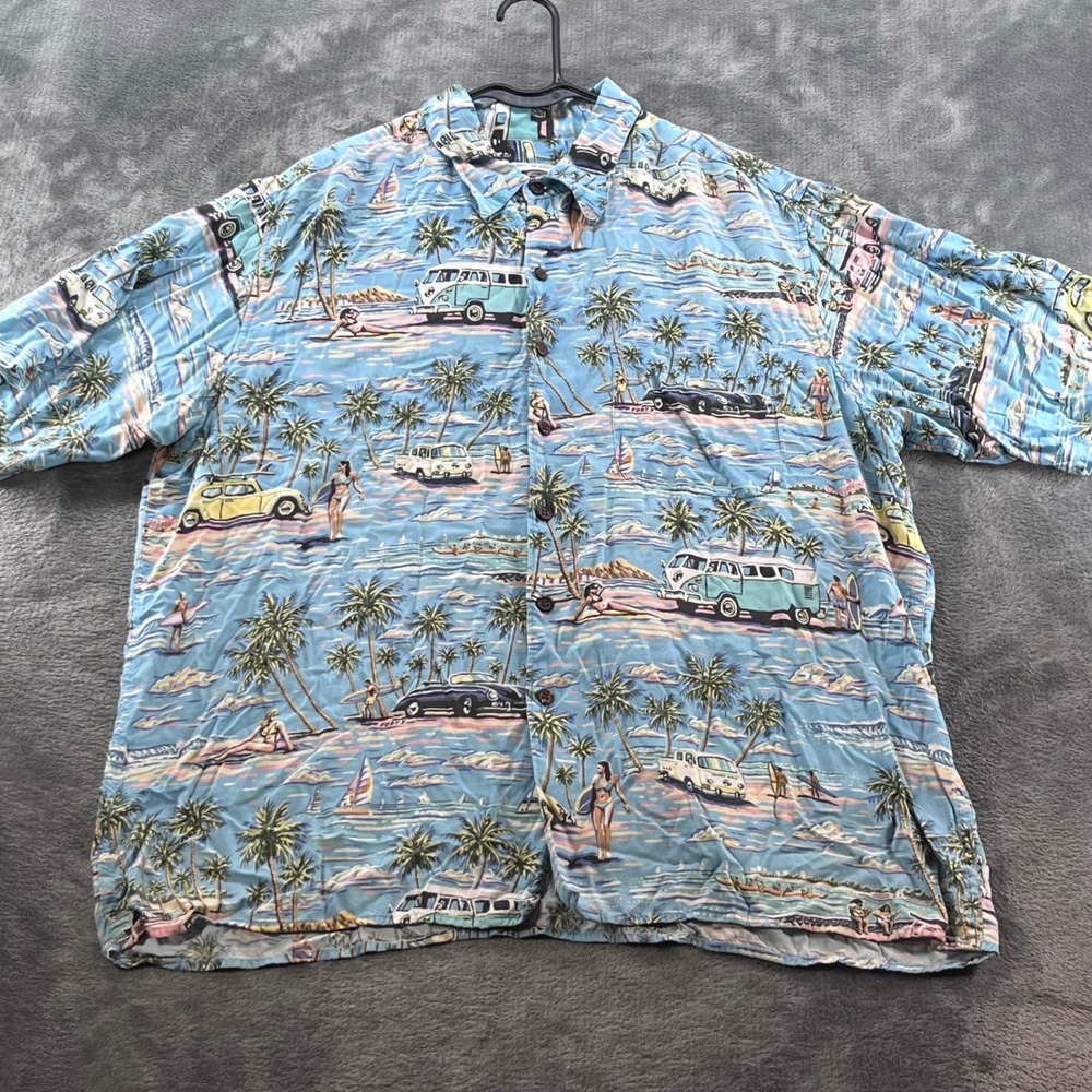Reyn Spooner Art of Eddy Y Hawaiian Shirt XL Blue Rayon Woodie Surf Bus Beach